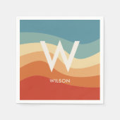 波状レトロストライプのモノグラム個人パーティー スタンダードカクテルナプキン (正面)