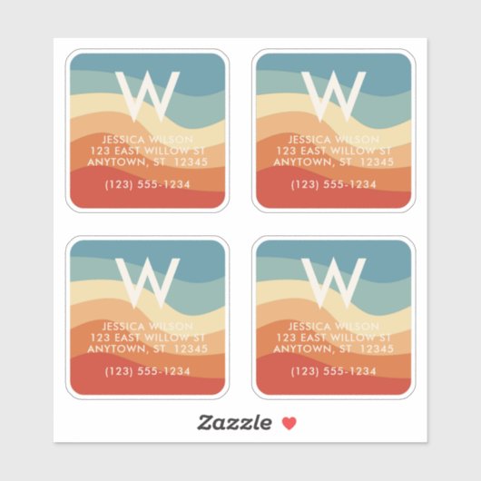 波状レトロストライプのモノグラム個人連絡 シール (シート)