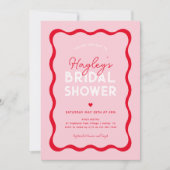 波状レトロピンクと赤のモダンブライダルシャワー 招待状 (正面)