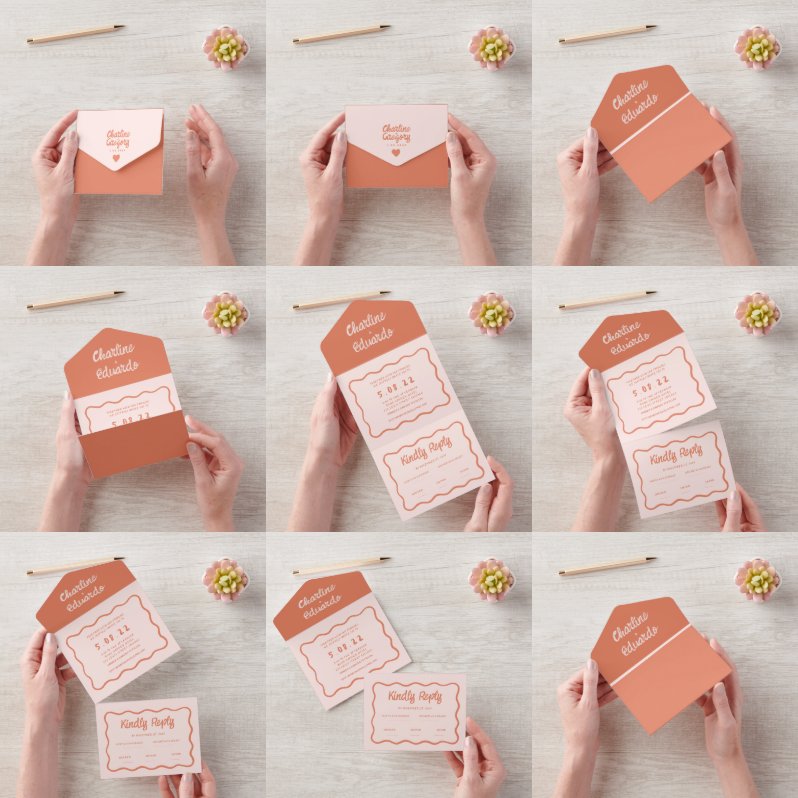 波状レトロピンクと赤の手書結婚き文字 オールインワン招待状