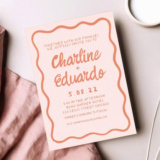 波状レトロピンクと赤の手書結婚き文字 招待状
