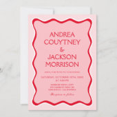 波状レトロフォトレッドとピンク結婚ズ 招待状 (正面)