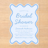 波状曲モダン曲はっきりした塵ブルーブライダルシャワー アクリル招待状 (正面)