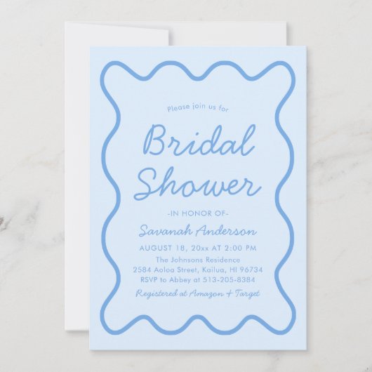 波状曲モダン曲はっきりした角ブルーブライダルシャワー 招待状 (正面)