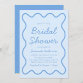 波状曲モダン曲はっきりした角ブルーブライダルシャワー 招待状 (正面/裏面)
