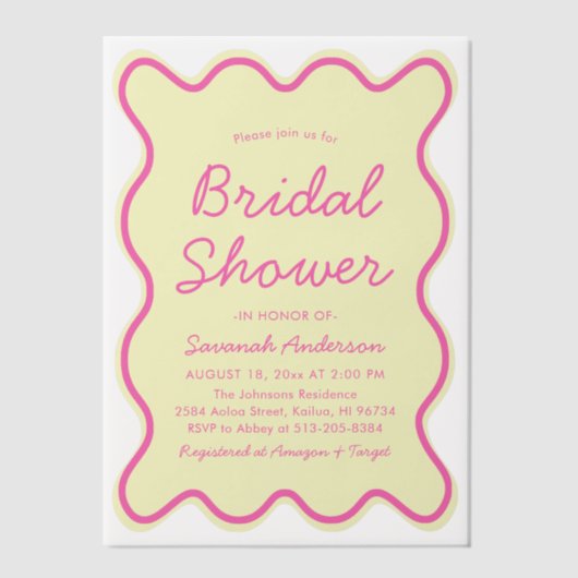 波状曲線はっきりしたピンクと黄色のブライダルシャワー ベラム紙招待状 (正面)