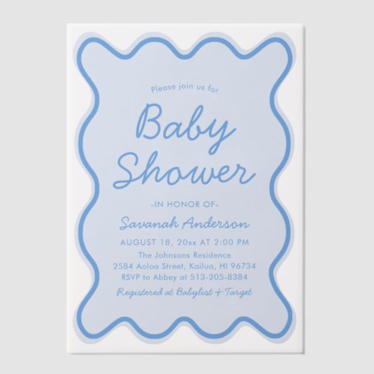 波状曲線モダンレトロほこりっぽい青い赤ちゃんシャワー ベラム紙招待状 (正面)