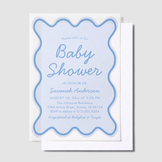 波状曲線モダンレトロほこりっぽい青い赤ちゃんシャワー ベラム紙招待状 (オフセット)