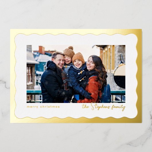 波状縁フレームモダンクリスマスフォト 箔シーズンカード (正面)