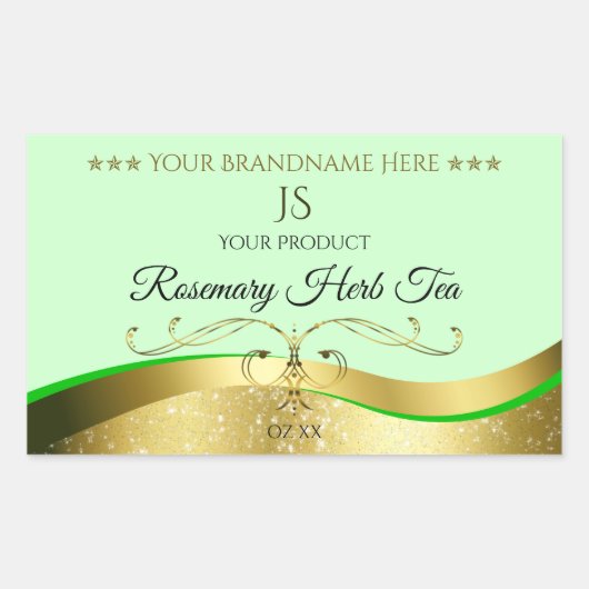 波状金ゴールドグラマーDecorライトグリーンモノグラムラベル 長方形シール (正面)