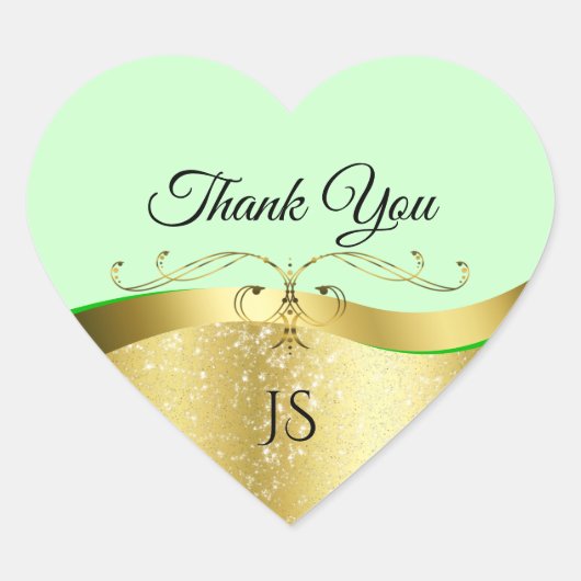 波状金ゴールドグラマーDecor on Light Green Thank You ハートシール (正面)