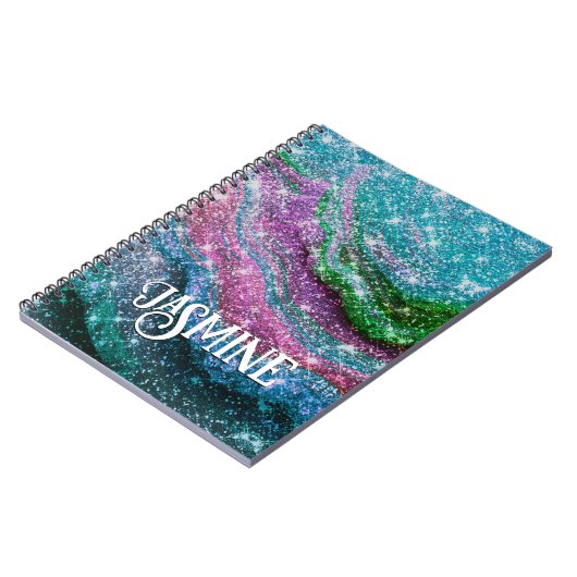 波状青お洒落紫グリッターモノグラムNotebo ノートブック (左側)