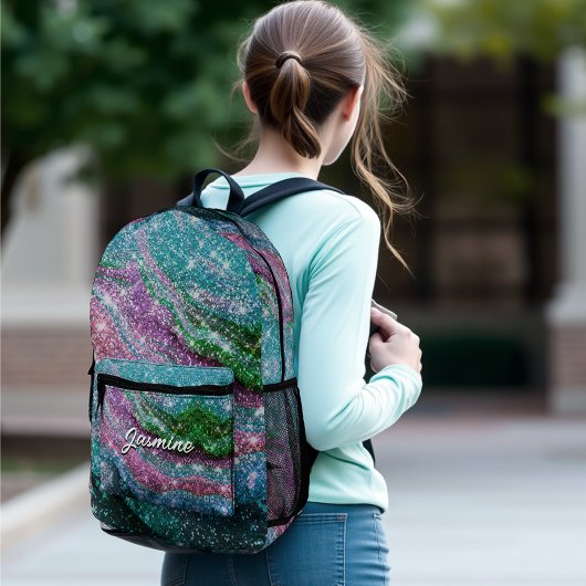 波状青お洒落紫グリッターモノグラムNotebo プリントバックパック