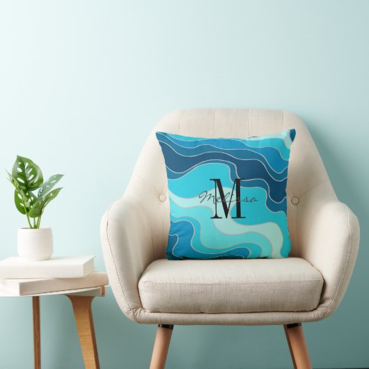 波状青抽象芸術海波モノグラムの クッション (椅子)