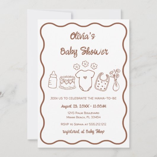 波男女兼用予測できな状の手で引いた赤ちゃんシャワー 招待状 (正面)