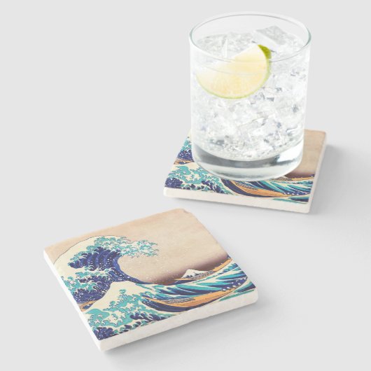 波素晴らし振り神奈川のヴィンテージ日本のファインアート ストーンコースター (横)