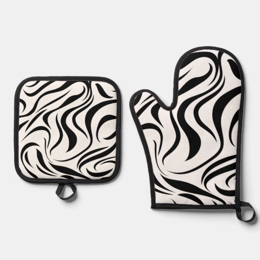 波線の抽象的なテクスチャ 鍋つかみ&鍋敷きセット (正面)