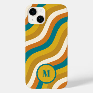 波線レトロストライプパターンティール(緑がかった色)イニシャル Case-Mate iPhone 14ケース