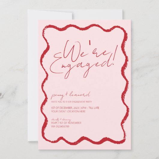 波縁どホタテの縁の赤とピンクの婚約 招待状 (正面)