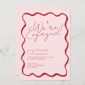 波縁どホタテの縁の赤とピンクの婚約 招待状 (正面/裏面)
