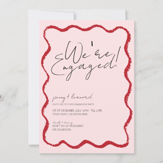 波縁どホタテの縁の赤とピンクの婚約 招待状 (正面)