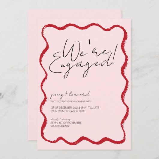 波縁どホタテの縁の赤とピンクの婚約 招待状 (正面/裏面)