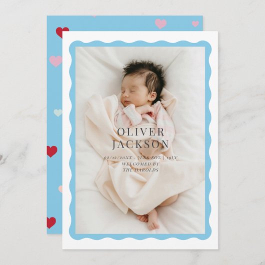 波縁ど状の男の赤ちゃんデザイン 案内状 (正面/裏面)