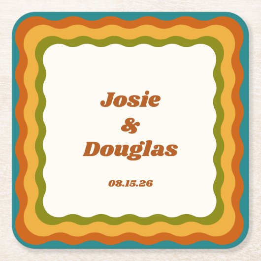 波縁ど状レトロ70sヴィンテージの結婚美的 スクエアペーパーコースター (正面)