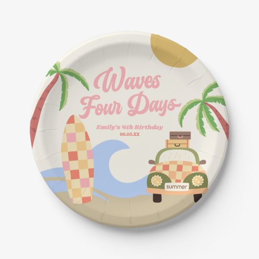 波4日サーフボードピンク4th誕生日パーティー ペーパープレート (正面)