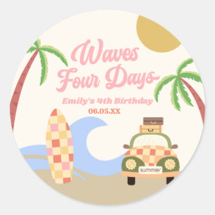 波4日サーフボードピンク4th誕生日パーティー ラウンドシール