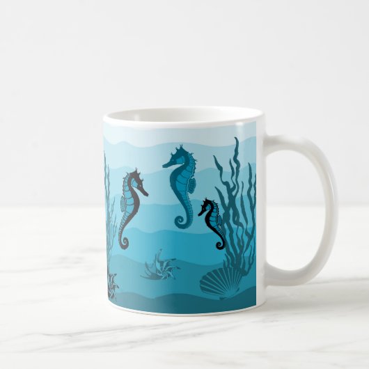波、アクア、海ブループリント、海馬 コーヒーマグカップ (右)
