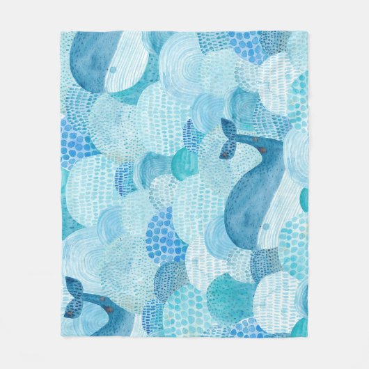 波、クジラ、子供っぽい青いテクスチャ フリースブランケット (正面)