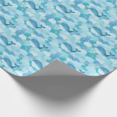波、クジラ、子供っぽい青いテクスチャ ラッピングペーパー (角)