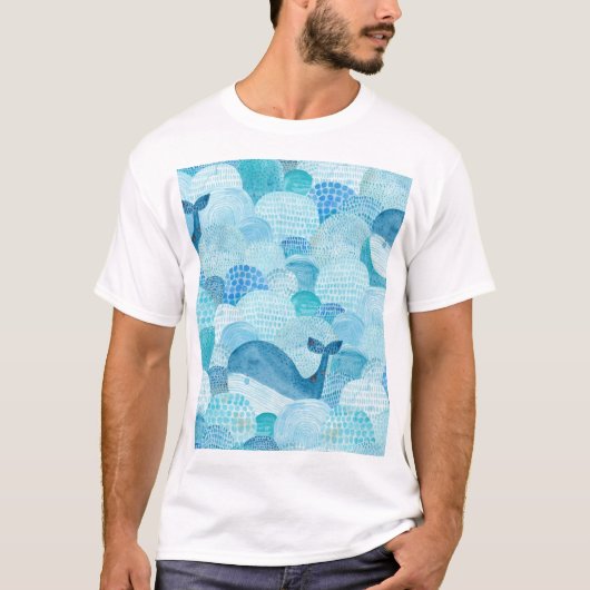 波、クジラ、子供っぽい青いテクスチャ Tシャツ (正面)