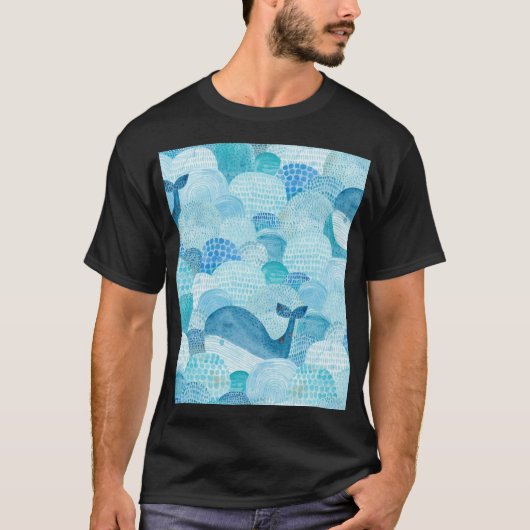 波、クジラ、子供っぽい青いテクスチャ Tシャツ (正面)