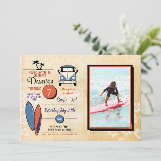 波! サーフィンの誕生日のビーチのパーティーの写真 招待状 (スタンド正面)