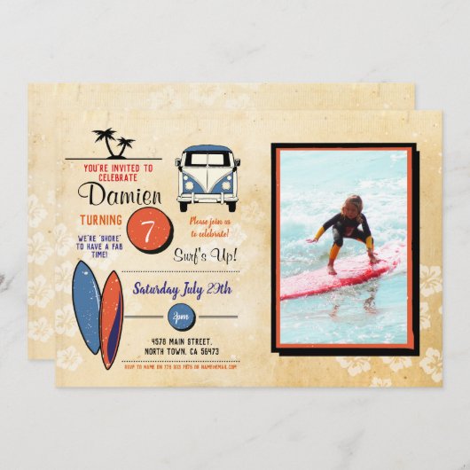 波! サーフィンの誕生日のビーチのパーティーの写真 招待状 (正面/裏面)