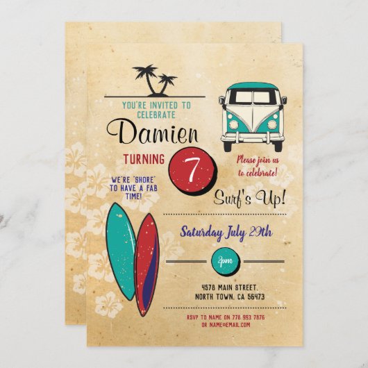 波! サーフィンの誕生日の招待のビーチのパーティーのおもしろい 招待状 (正面/裏面)