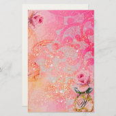 波、ピンクのバラの金ゴールドと渦巻き 便箋 (正面/裏面)