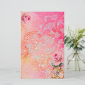 波、ピンクのバラの金ゴールドと渦巻き 便箋 (スタンド正面)