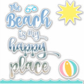波、太陽、とビーチは私のハッピープレイス引用文 シール (正面)