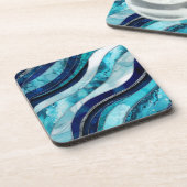 波 – 混合メディアブルー抽象芸術 コースター (左側)