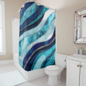 波 – 混合メディアブルー抽象芸術 シャワーカーテン (インサイチュ)