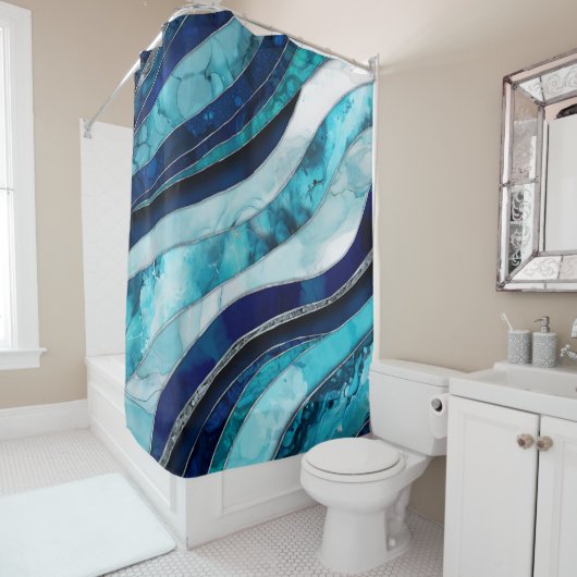 波 – 混合メディアブルー抽象芸術 シャワーカーテン (インサイチュ)