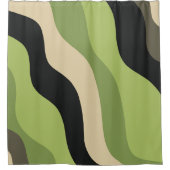 波、緑、黒、ベージュ曲線のカラフル シャワーカーテン (正面)