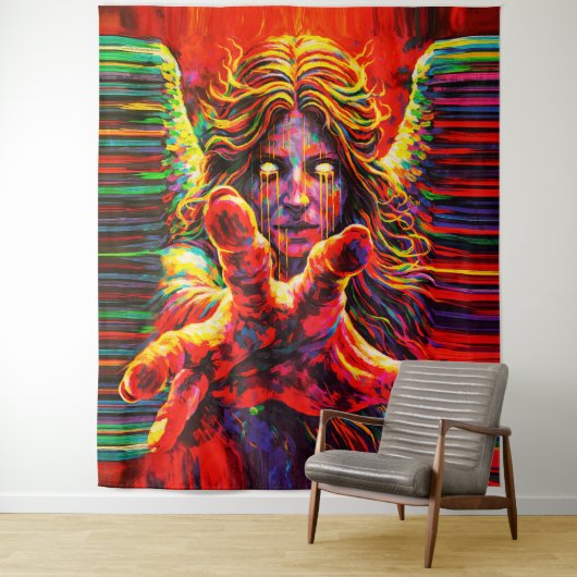 泣く天使のネオンカラーインパスト油絵 タペストリー (インサイチュ)