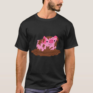 泥の中にかわいい漫画の豚 Tシャツ