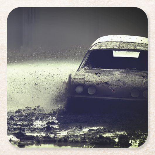 泥の中を車で走る スクエアペーパーコースター (正面)