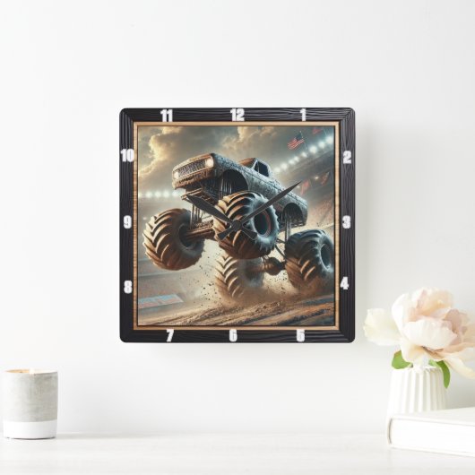 泥の中を駆け抜ける巨大なモンスタートラック スクエア壁時計 (ホーム)