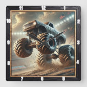 泥の中を駆け抜ける巨大なモンスタートラック スクエア壁時計 (正面)